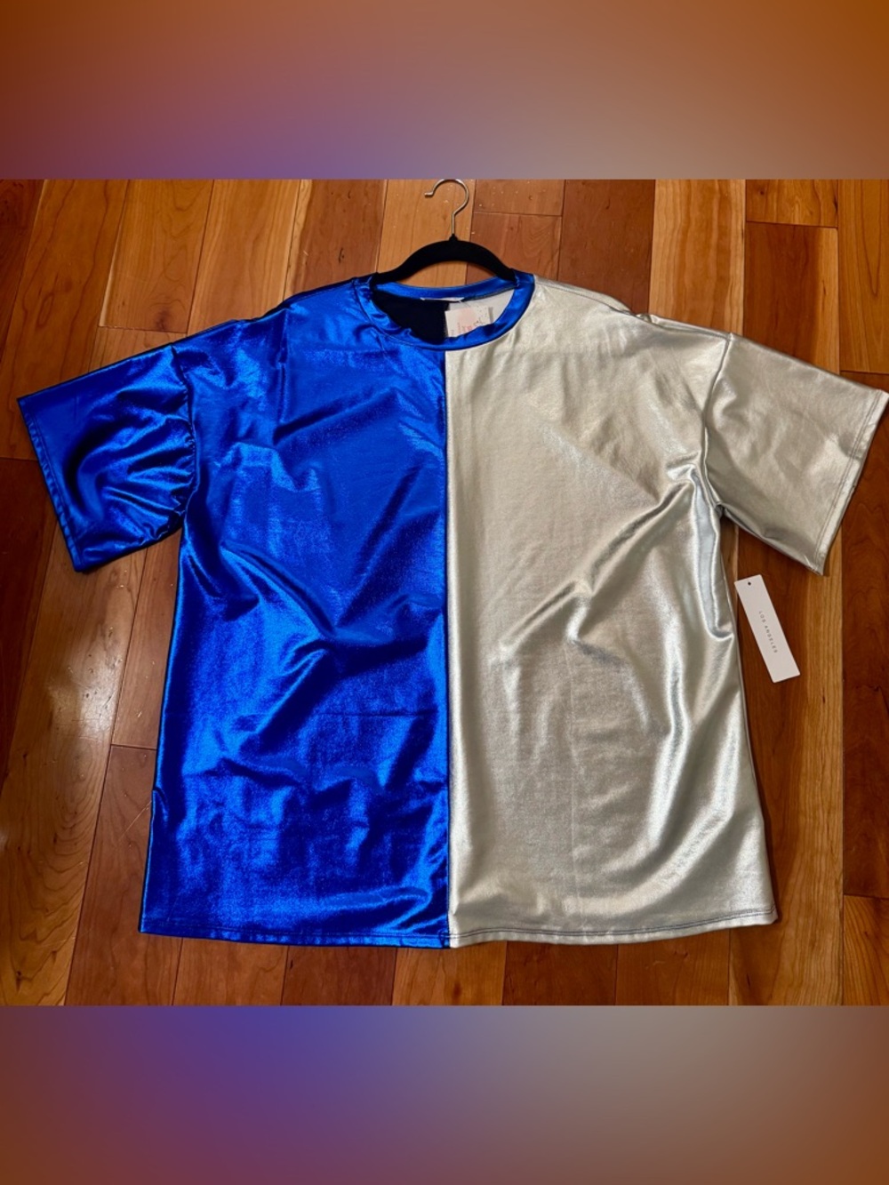 NWT Timing Metallic Royal Blue and Silver Colorblock Short Sleeve Tee